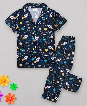 Sheer Love Half Sleeves Space Theme Printed Night Suit  - Blue