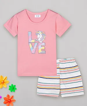 Sheer Love Half Sleeves Unicorn & Love Printed Tee With Rugby Striped Shorts - Onion Pink