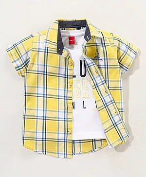 Ruff Twill Half Sleeves Checkered Shirt with Text Print T-Shirt - Yellow
