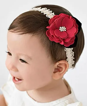 Ziory Flower Applique Embellished Lace Headband - Red