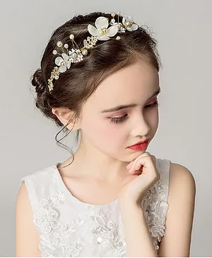Ziory Pearl Detailed Flower & Leaf Applique Embellished Tiara Style Hair Band - Golden