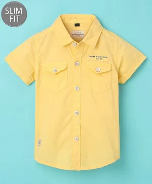 Ruff Half Woven Sleeves Shirt Text Print - Yellow