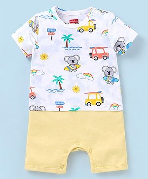 Babyhug 100% Cotton Knit Half Sleeves Striped Romper Koala Print - Blue & Yellow