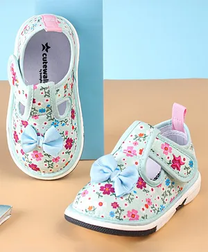 Cute Walk by Babyhug Casual Shoes With Velcro Closure Floral Print and Bow Applique - Blue