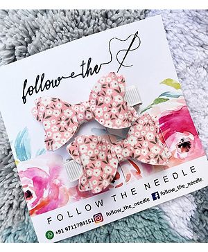 FOLLOW THE NEEDLE Set Of 2 Floral Printed Faux Leather Bow Hair Clips - Pink