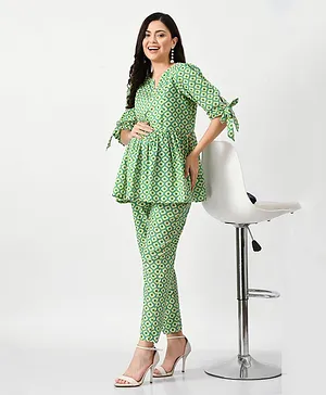 Mometernity Three Fourth Sleeves Seamless Moroccan Design Hand Block Printed Maternity Peplum Top With Coordinating Pant - Green