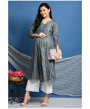 Mometernity Three Fourth Ruched Sleeves Lace Embellished Glittery Stripes Detail Kurta With Palazzo - Grey White