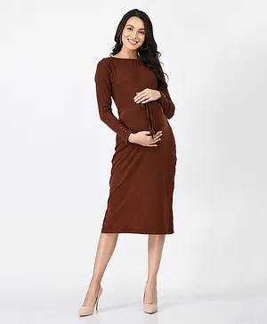 Mometernity Full Sleeves Ribbed Maternity Midi Dress - Brown