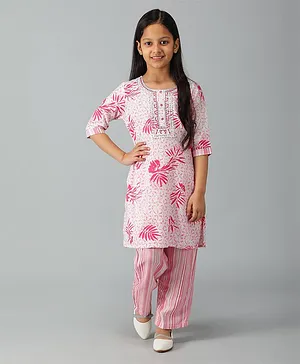 misbis Three Fourth Sleeves Placket Embroidered Leaves & Flowers Printed Straight Kurta & Striped Palazzo Set - Pink