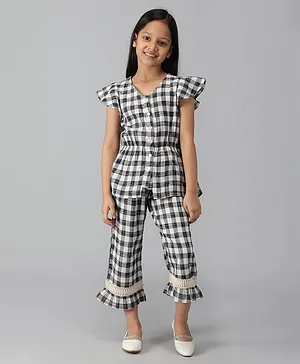 misbis Cap Flutter Sleeves Plaid Checked Top & Pants Set - Black