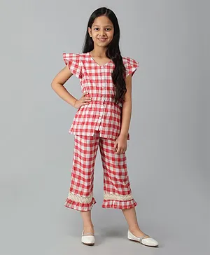misbis Cap Flutter Sleeves Plaid Checked Top & Pants Set - Red
