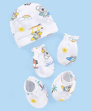 Babyhug 100% Cotton Cap Mittens And Booties Koala Print - White