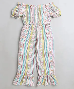 M'andy Off Shoulder Half Sleeves Striped Abstract Printed Jumpsuit - White