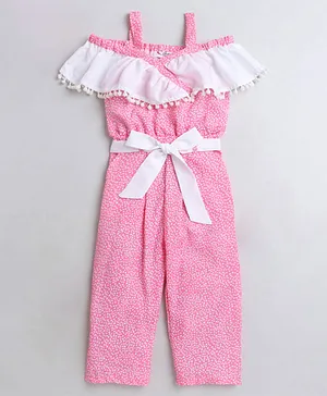 M'andy Cold Shoulder Half Sleeves Seamless Abstract Polka Dot Printed & Pom Pom Lace Embellished Jumpsuit - Pink