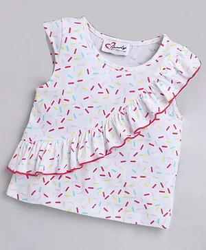 M'andy Cap Sleeves Seamless Sprinklers Printed & Frill Detailed Top - White