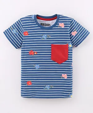 Rikidoos Half Sleeves Pocket Detailed Striped Flower Printed Tee - Blue