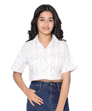 TeenTrums Half Sleeves Seamless Warli Printed Woven Shirt Style Top - White