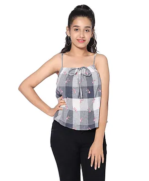 TeenTrums Sleeveless District Checked & All Over Floral Embroidered Strappy Top - Blue