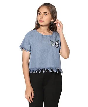 TeenTrums Half Sleeves Butterfly Placement Embroidered Shredded Hem Top - Blue