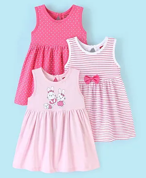 Babyhug 100% Cotton Sleeveless Stripe & Bunny Print Frock with Bow Applique Pack of 3 - Pink