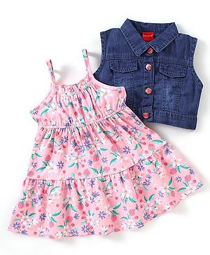 Babyhug 100% Cotton Knit Singlet Frock With Denim Jacket Floral Print - Pink