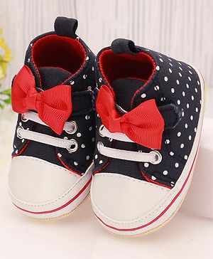 Cute Walk by Babyhug Slip On Booties with Bow Applique & Polka Dots Print - Blue