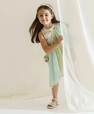 The Right Cut Moss green, Sky blue and pearl white Handloom khadi/ cotton mul Roller coaster dress For Girl