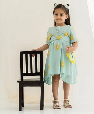 The Right Cut Skyblue Handloom khadi Yellow blossom dress For Girl