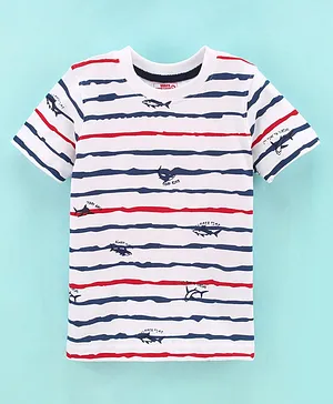 Under Fourteen Only Half Sleeves Wave Striped & Shark Printed Tee - Navy Blue