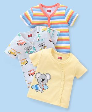 Babyhug 100% Cotton Half Sleeves Vests Stripes & Koala Print Pack of 3 - Light Yellow Sky Blue & Orange