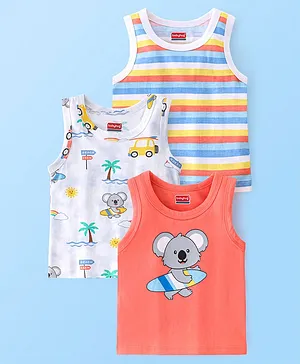 Babyhug 100% Cotton Sleeveless Beach Printed & Stripe Sando Pack of 3 - Multicolour