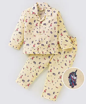 Rikidoos Full Sleeves All Over Unicorn & Flamingos With Candies Printed Printed Coordinating Night Suit - Light Yellow