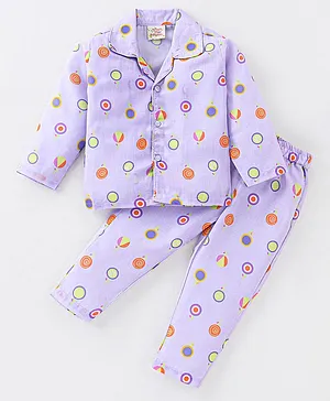 Rikidoos Full Sleeves All Over Candy Theme Printed Night Suit - Purple