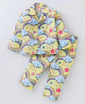Rikidoos Full Sleeves Seamless Rainbows & Clouds With Rain Drops Printed Coordinating Night Suit - Yellow