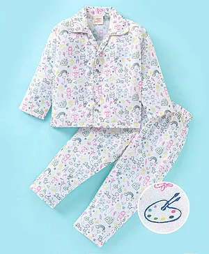 Rikidoos Full Sleeves All Over Doodle Art Theme Printed Night Suit - Multi Colour & White