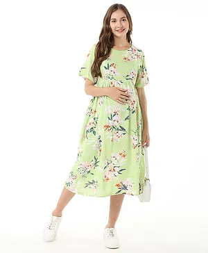 Bella Mama Woven Half Sleeves Maternity Dress With Floral Print- Green