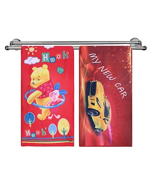 Kuber Industries Kids Bath Towel Soft Cotton & Sides Stitched Baby Towel Pooh & Car Print Towel Pack of 2 - Red