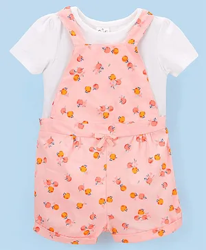 Simply Premium Cotton Dungaree with Half Sleeves Inner T-Shirt Fruit Print - Peach & White