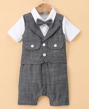 Mark & Mia Half Sleeves Party Wear Romper With Bow Detailing & Attached Waistcoat Solid - White & Grey