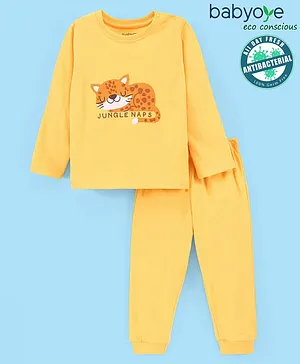 Babyoye 100% Cotton With Anti Bacterial Finish Full Sleeves Cat Print Night Suit - Yellow