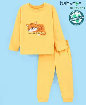 Babyoye 100% Cotton With Anti Bacterial Finish Full Sleeves Cat Print Night Suit - Yellow