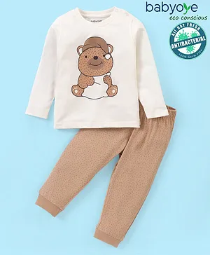 Babyoye 100% Cotton With Anti Bacterial Finish Full Sleeves Panda Print Pyjama Set - Brown & Beige