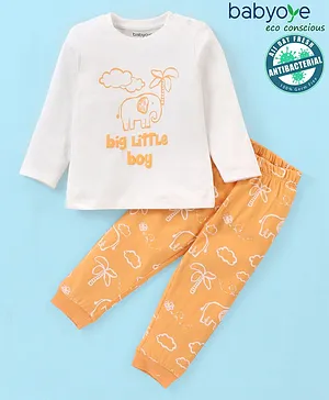 Babyoye 100% Cotton With Anti Bacterial Finish Full Sleeves Elephant Print Pyjama Set - Orange