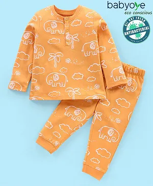 Babyoye 100% Cotton Knit with Anti Bacterial Finish Night Suit Elephant Print - Orange
