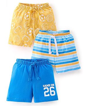 Babyhug Cotton Knit Knee Length Shorts Stripes & Sports Print Pack of 3 - Blue & Yellow