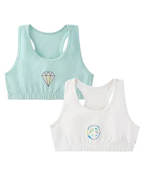 Plan B 95% Cotton 5% Spandex Pack Of 2 Double Layered Racer Back Peace & Diamond Printed Sports Bras - Mint Green & White