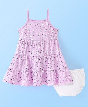 Babyhug 100% Cotton Knit Singlet Sleeves Frock & Bloomer With Floral Print - Lilac