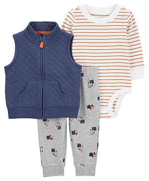 Carter's 100% Cotton Rib Full Sleeves Onesie with Vest & Pants Striped - Blue & Grey