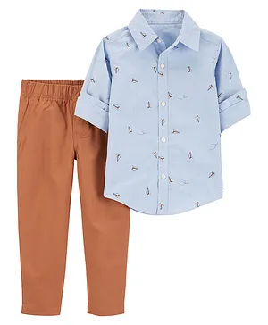 Carter's 100% Cotton Half Sleeves Printed Shirt & Pant Set - Blue & Brown