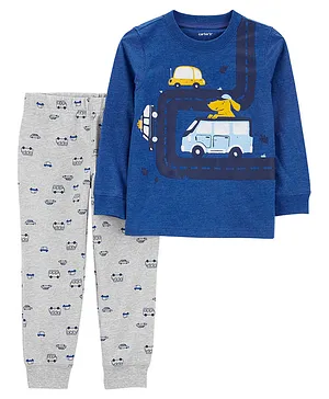 Carter's 100% Cotton Full Sleeves Dog & Cars Printed T-Shirt & Jogger Set - Blue & Grey